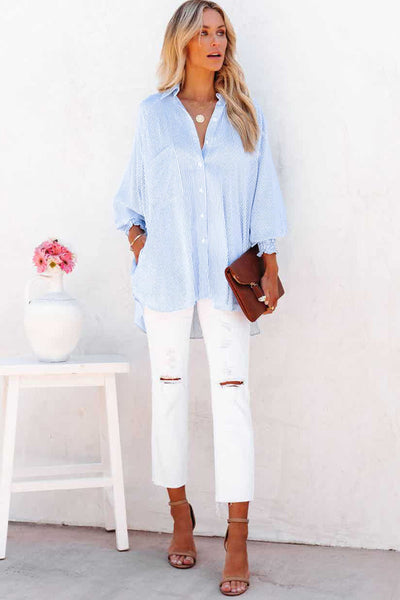 Women's Sky Blue Smocked Cuff Striped Boyfriend Shirt