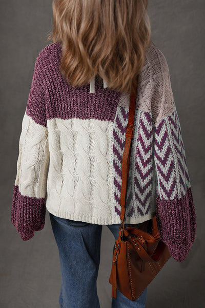 Chic Women's Purple Color Block Sweater with Knotted Back, Relaxed Fit for Casual Outings and Stylish Layering