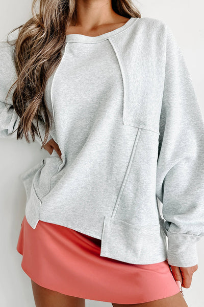 Women's Light Grey Oversized Casual Sweatshirt with Unique Patch Detail & Asymmetrical Hem for Everyday Comfort