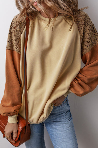 Trendy Women's Khaki Colorblock Sweatshirt with Lace Patchwork Drop Shoulder Style for Ultimate Comfort and Fashion