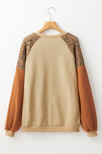 Trendy Women's Khaki Colorblock Sweatshirt with Lace Patchwork Drop Shoulder Style for Ultimate Comfort and Fashion