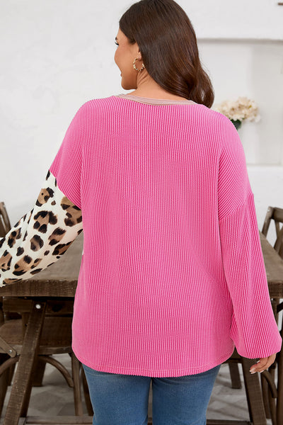 Women's Rose Pink Leopard Colorblock Plus Size Top