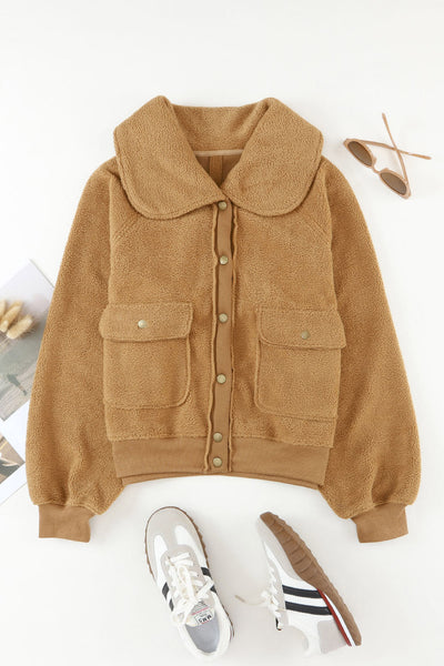 Women's Camel Sherpa Fleece Bomber Jacket with Oversized Shawl Collar