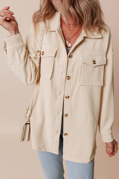Cozy Women's Oatmeal Corduroy Shacket with Flap Pockets - Casual Button-Up Layer for Stylish Fall Outfits