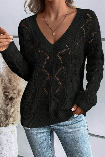 Elegant Women's Black V-Neck Sweater with Hollow Out Design and Drop Shoulders - Cozy Knit Top for Casual Style