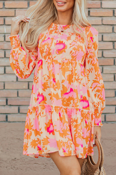 Trendy Women's Orange Abstract Print Ruffle Mini Dress with Smocked Lantern Sleeves for Summer Fashion