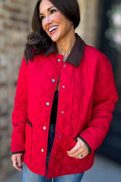 Cozy Women's Racing Red Quilted Color Block Winter Jacket with Snap Buttons and Pockets for Effortless Style