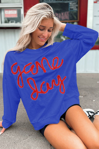 Women's Trendy Dark Blue Graphic Sweatshirt with Tinsel Detail, Relaxed Fit for Game Day Style and Ultimate Comfort