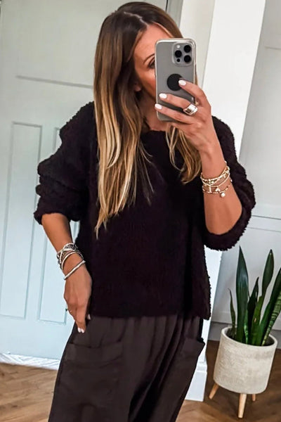 Chic Women's Black Fuzzy Knit Sweater with Round Neck & Drop Shoulders for Effortless Relaxed Style