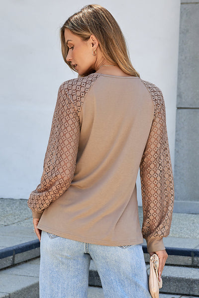 Elegant Women's Lightweight Parchment Lace Pleated Top with Long Raglan Sleeves - Stylish Patchwork Design