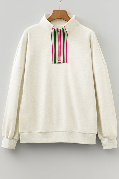 Women's Light Grey Striped Zip Collar Pullover Sweatshirt - Trendy, Comfortable Casual Layering Top for Everyday Wear