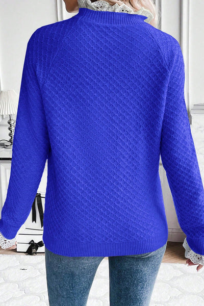 Elegant Women's Dark Blue Lace Trim Raglan Sleeve Sweater with Frills - Chic Casual Knitwear for Trendy Looks