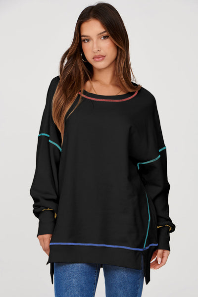 Cozy Women's Black Baggy Sweatshirt with Trendy Contrast Stitching and Chic Split Hem for Stylish Comfort