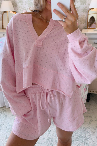 Women's Light Pink Pointelle Long Sleeve Top & Drawstring Shorts Set - Stylish Casual 2-Piece Outfit for Comfort