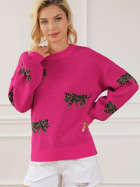 Fierce Leopard Print Rose Red Knit Sweater for Casual Chic