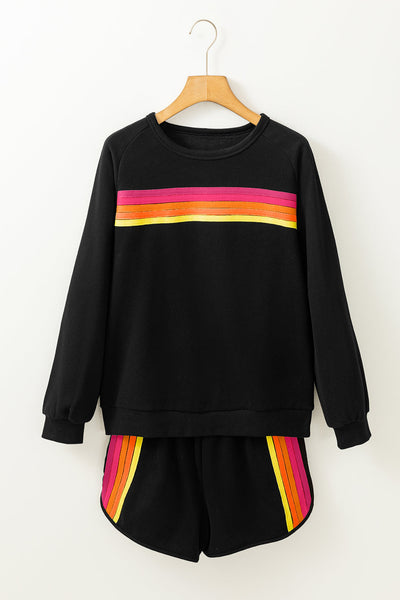 Women's Black Striped Pullover & Shorts Set - Chic Casual Two-Piece Outfit for Stylish Comfort and Everyday Wear