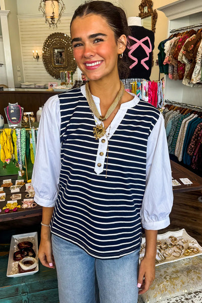 Stylish Women's Black Striped V-Neck 3/4 Sleeve Patchwork Top - Versatile Fashion for Any Occasion