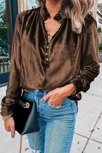 Women's Frilled Neck Velvet Top in Desert Palm Chic, Comfortable Blouse for Everyday Elegance and Versatile Style