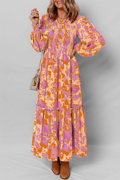 Women's Marigold Floral Smocked Maxi Dress with Puff Sleeves