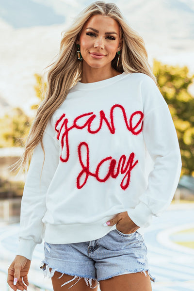 Women's Cozy White Graphic Sweatshirt with Drop Shoulders - Stylish Casual Wear for Game Day and Everyday Comfort