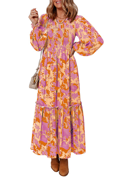 Women's Marigold Floral Smocked Maxi Dress with Puff Sleeves