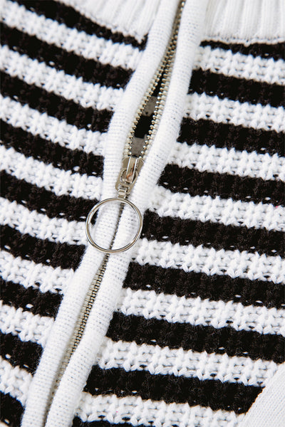 Chic Women's Black Stripe Zip-Up Sweater with Drop Shoulders - Cozy Casual Layering for Every Occasion