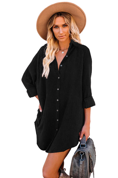 Stylish Women's Black Corduroy Midi Dress - Comfortable Long Sleeve Fit with Trendy Details for Effortless Elegance