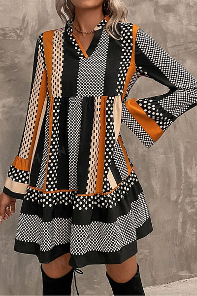 Chic Women's Black Striped Polka Dot Mini Dress with Ruffled Hem and V-Neck for Trendy Summer Style