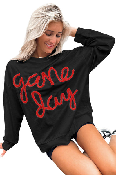 Stylish Women's Black Graphic Sweatshirt with Drop Shoulders for Game Day Comfort and Trendy Casual Wear