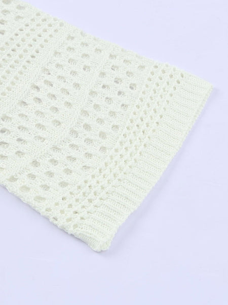 Women's White Crochet V Neck Pullover Sweater with Hollow Out Detail