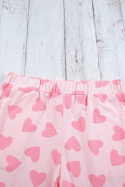 Cozy Women's Pink Heart Print Long Sleeve Lounge Set - Perfect Valentine's Day Shorts Outfit for Relaxed Style
