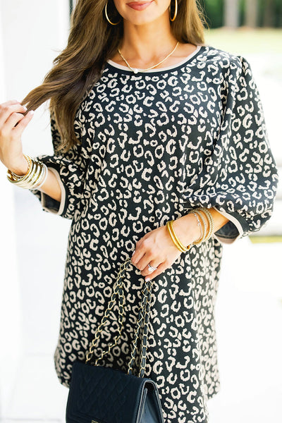 Trendy Women's Black Leopard Print Mini Dress with Bubble Sleeves - Ideal for Day or Night Out Styling
