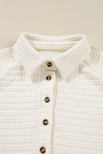 women's beige pineapple texture half-button pullover with puff sleeves made for easy styling and wardrobe coordination, with premium-like structure