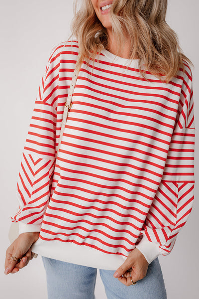Cozy Women's Orange Striped Drop Shoulder Sweatshirt - Relaxed Fit Crew Neck for Effortless Casual Style