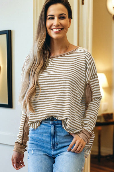Women's Casual Khaki Stripe Thermal Knit Top with Drop Shoulders for Effortless Everyday Comfort and Style