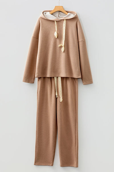 Women's Relaxed Ribbed Knit Hoodie and Jogger Set in Camel