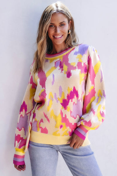 Cozy Women's Khaki Colorblock Balloon Sleeve Sweater with Abstract Print - Trendy Knit Top for Stylish Fall Outfits