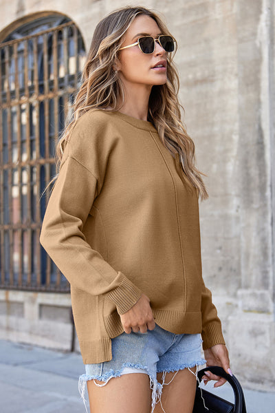 Women's French Beige Drop Shoulder Pullover with Vertical Seam Detail