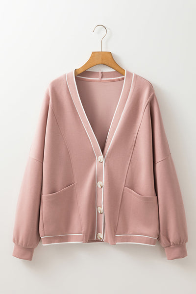 Women's Pink Striped Knit Cardigan with Contrast Trim, V-Neck, Button Front, and Pocket - Stylish & Cozy Layering Piece