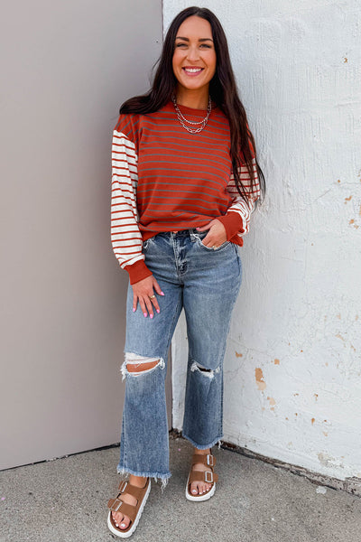 Women's Orange Stripe Contrast Sleeve Sweatshirt - Trendy Drop Shoulder Long Sleeve Top for Casual Comfort
