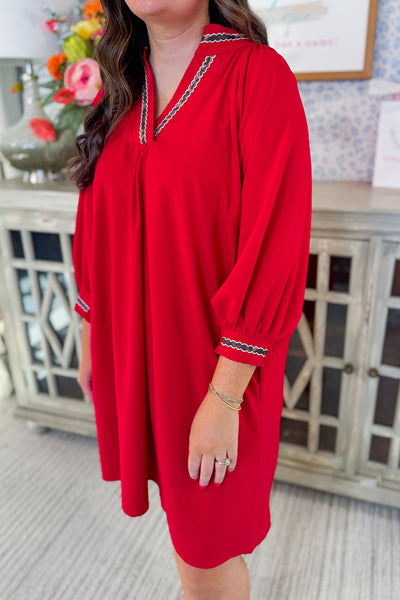Plus Size Fiery Red V-Neck Puff Sleeve Dress with Pockets and Contrast Trim for Effortless Chic Style