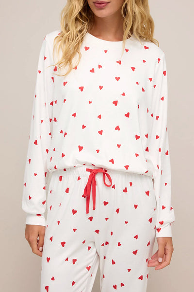 women's cozy women's fiery red heart print long sleeve top and drawstring pants set - perfect casual lounge outfit for relaxation with practical