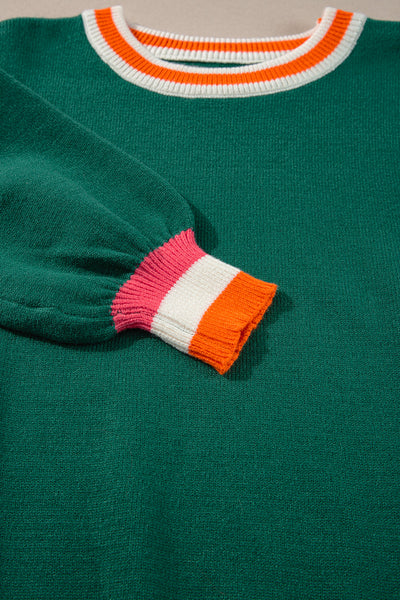Cozy Women's Blackish Green Colorblock Striped Drop Shoulder Sweater - Stylish Layering Essential for Fall Fashion