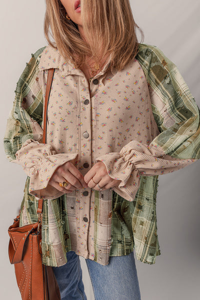 Women's Mist Green Boho Floral Plaid Shacket with Ruffled Sleeves & Distressed Details - Cozy Layering Top
