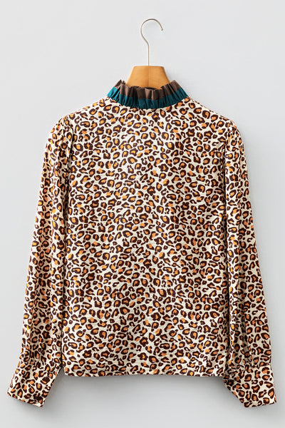 Women's Leopard Print Ruffle Neck Viscose Blouse in Earth Tones