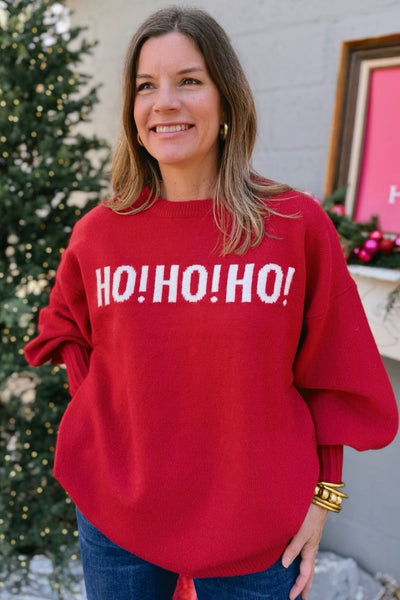 Plus Size Women's Cozy Racing Red "Ho Ho Ho" Graphic Christmas Sweater Festive Holiday Style for Comfort and Cheer