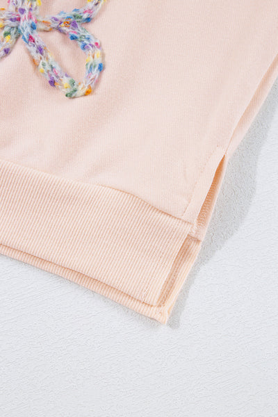 Cozy Women's Oversized Parchment Sweatshirt with Embroidered Bow & Lantern Sleeves Chic Pullover for Effortless Style
