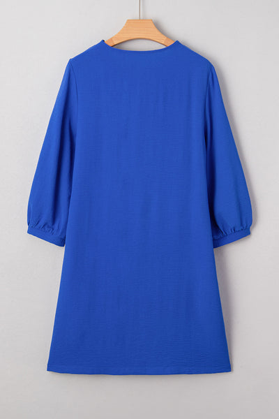 Women's Cerulean Blue V-Neck Shift Dress with Ruffle Trim