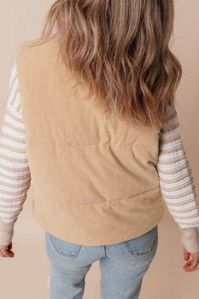 Beige Corduroy Puffer Vest with Stand Collar with practical styling and dependable silhouette control.