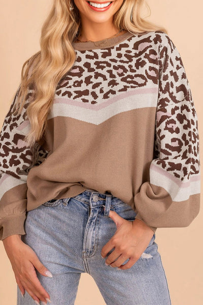 Women's Taupe Leopard Chevron Colorblock Knit Sweater